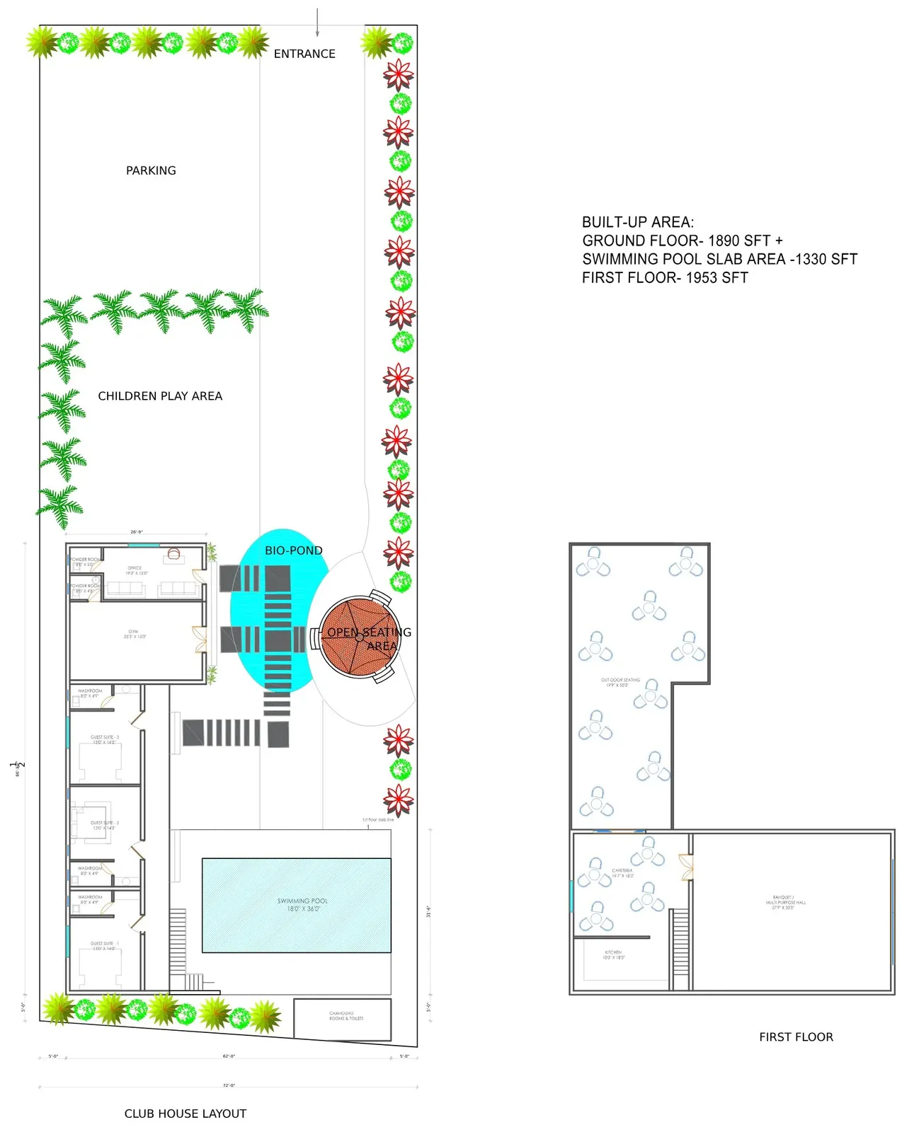 The developer's architectural floor-plan drawing for the clubhouse: ground floor shows parking, a children's play area, the gym, three guest suites with attached washrooms, a swimming pool, a bio-pond with a bridge and open seating area, and changing rooms; first floor shows outdoor seating, a cafeteria, a kitchen and a banquet/multi-purpose hall. Built-up area is given as ground floor 1,890 sq.ft plus swimming-pool slab 1,330 sq.ft, and first floor 1,953 sq.ft.