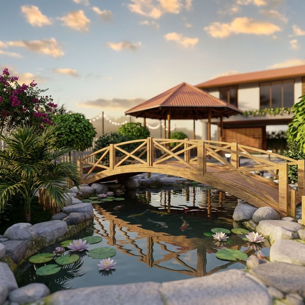 CGI render of the arched wooden bridge over the koi pond at dusk, water lilies and visible koi fish in the water, the gazebo and clubhouse building reflected on the surface.