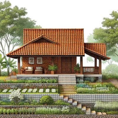 Illustrated render of a single-storey east-facing cottage with a terracotta-tile roof, brick facade, a covered veranda with seating, and a terraced kitchen-garden on stepped stone beds leading up to the porch.