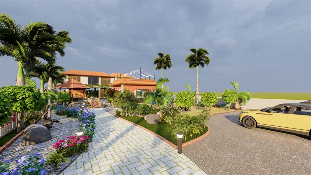 CGI render of the planned clubhouse entrance at golden hour: a two-storey building with a terracotta-tile roof, a stone-paved garden path lined with palms and flowering shrubs, a thatched gazebo, string lights across the rooftop terrace, and a car in the driveway.