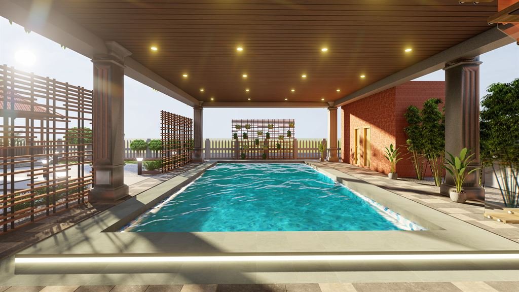 CGI render of a covered swimming pool under a slatted wooden ceiling with recessed lighting, a red-brick wall, timber trellis screens and potted plants along the poolside.