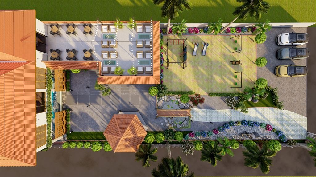 Top-down CGI render of the full clubhouse site plan: the building roofline, rooftop pool loungers, a ground-floor gym and outdoor exercise lawn, a thatched gazebo, the koi-pond bridge, and a parking area with three cars.