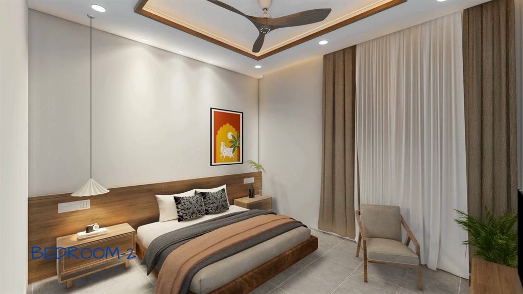 CGI render of a furnished guest bedroom labelled "BEDROOM-2": a wood-framed bed with grey and rust-coloured linen, a ceiling fan in a recessed wooden panel, a framed folk-art print, floor-length curtains and an armchair.