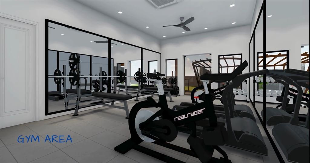 CGI render of a gym labelled "GYM AREA": mirrored walls, weight benches and free weights, treadmills, and a branded indoor cycling bike, with a ceiling fan and recessed lighting overhead.