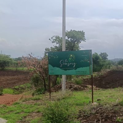 On-site photograph of The Sensory's project signboard — green background, "the Sensory" logo and "Terralink Synergy LLP" credit — planted on a pole in a cleared agricultural field under an overcast sky.