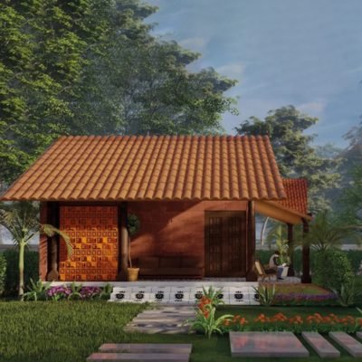Illustrated render of a single-storey west-facing cottage at dusk, dark roof tiles, a patterned brick screen wall beside the entrance, string lights along a garden path in the foreground.